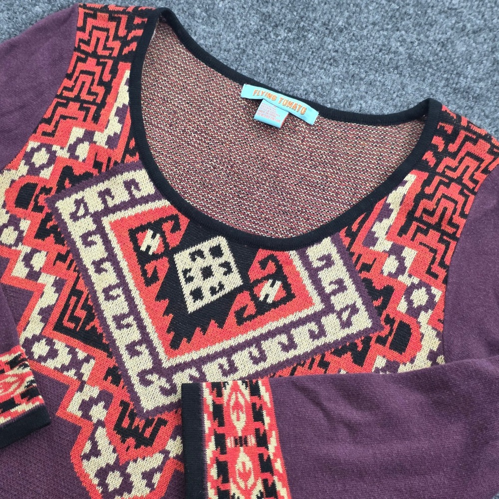 Flying Tomato‎ Sweater Dress Southwestern Geometric Boho Knit Mini Medium Purple